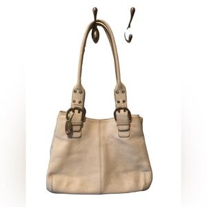 Tignanello White Buttery Pebble Leather Double Strap Shoulder Bag Pockets